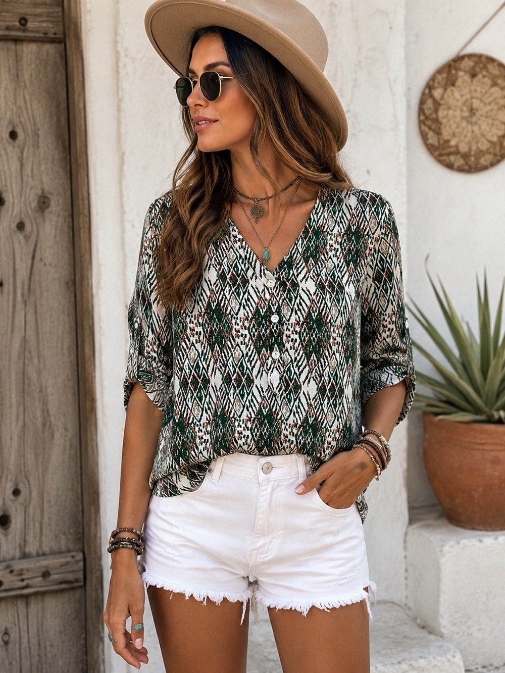 Fun 2 Fun-Graphic V-neck 3 button Top with Roll-tab sleeves size M